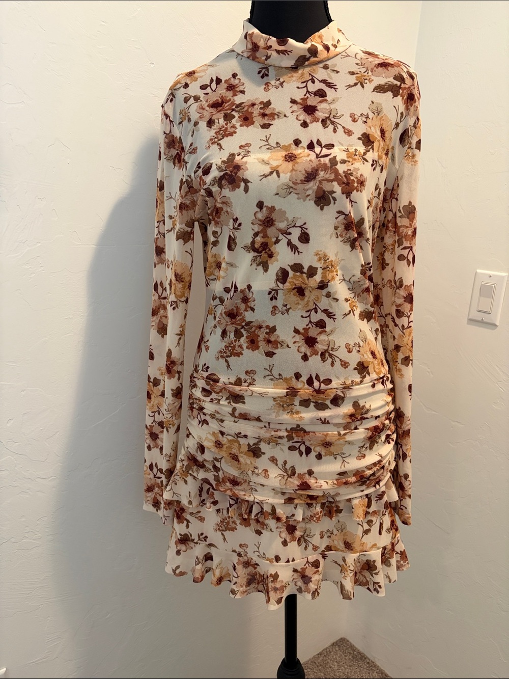 Fashion Nova Cream Floral Long-Sleeve Ruffle Dress